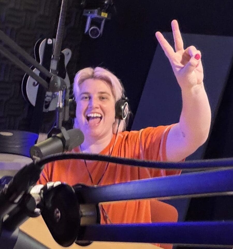 Samantha and Kelsie in audio booth